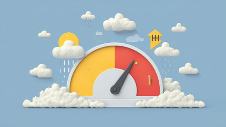 This whimsical illustration of a weather meter showcases a vibrant design with clouds and sunlight, symbolizing measurement and creativity in weather.の素材