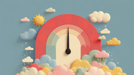 This vibrant design features a whimsical clock surrounded by colorful clouds, sunshine, and playful raindrops, perfect for cheerful visuals and creative projects.の素材