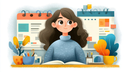 A creative young woman sits at her home desk, surrounded by colorful supplies and plants. She appears focused and inspired, ready to pursue her tasks.の素材