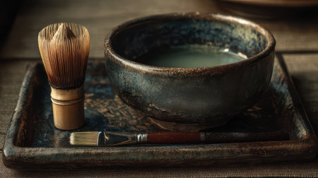 Explore a serene arrangement of traditional tea ceremony tools, featuring a rustic bowl, brush, and tray, showcasing artistry and cultural heritage in a tranquil setting.の素材