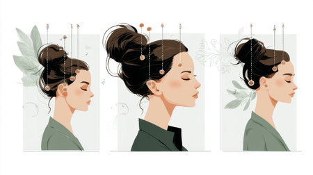 This artwork features a graceful woman in profile, showcasing a stylish bun and adorned with nature elements. A perfect blend of elegance and serenity.の素材