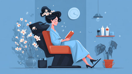 A serene illustration of a woman immersed in a book, seated in a stylish chair surrounded by flowers and calming decor, perfect for a cozy atmosphere.の素材