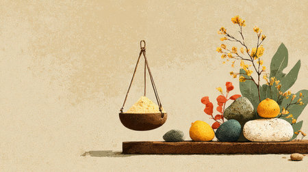 A beautifully arranged composition featuring fresh fruits, stones, and flowers on a wooden board. Soft tones create an inviting and tranquil atmosphere, ideal for artistic or culinary themes.の素材