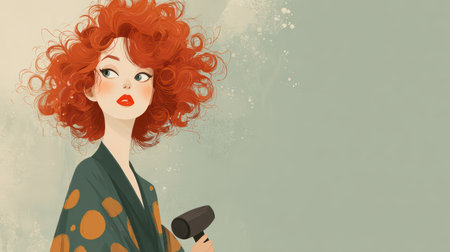 A stylish young woman with vibrant curly red hair holds a hairdryer, embodying beauty and confidence. The artwork captures her elegance and personality in a modern salon setting.の素材