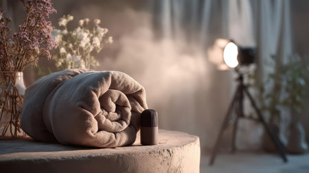 A cozy blanket lays elegantly on a round table, surrounded by delicate flowers, in a softly lit room. This serene setting evokes warmth and tranquility, perfect for home decor inspiration.の素材