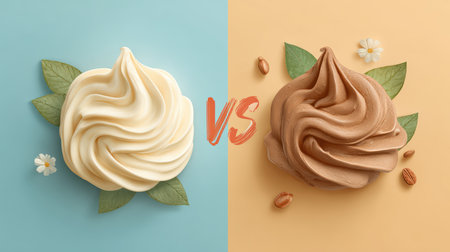 Two creamy dessert cones showcase light vanilla and rich chocolate flavors, elegantly garnished with fresh leaves and delicate flowers. Perfect for dessert lovers.の素材
