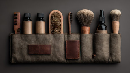 This stylish grooming kit features essential tools, including brushes and bottles, arranged neatly on a brown background, ideal for male grooming and care.の素材