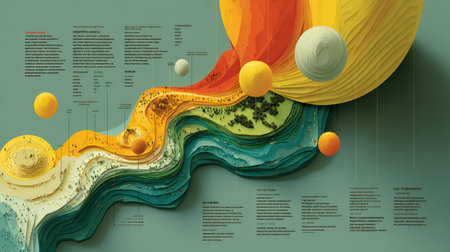 A vibrant abstract illustration showcasing colorful layers of landscape, combined with planets and informative text elements, representing a fusion of art and science.の素材