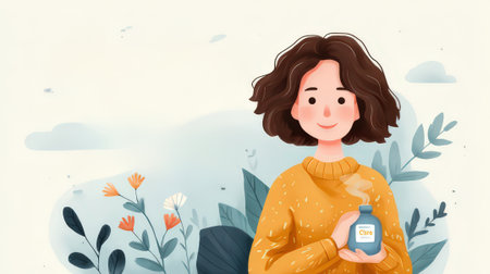 A cheerful young woman in a cozy sweater holds a warm beverage, surrounded by plants and flowers. This charming illustration conveys comfort and joy.の素材
