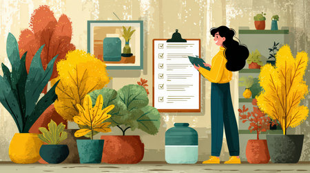 A cheerful woman stands in a bright indoor space, organizing a checklist surrounded by vibrant plants and colorful pots. This scene evokes creativity and harmony.の素材