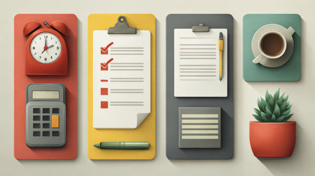 A neatly arranged desk featuring a clock, notepad, calculator, coffee cup, and plant, perfect for illustrating productivity and workspace organization.の素材