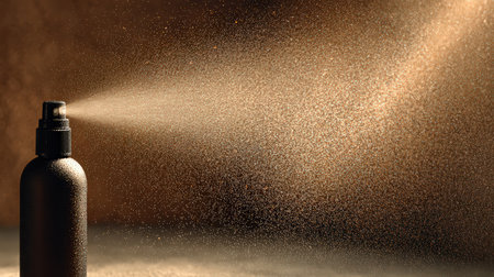 A sleek black spray bottle releases a fine mist against a warm brown background, creating a captivating visual that conveys elegance and luxury in health and beauty.の素材