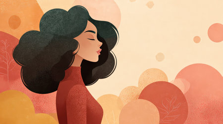 A serene illustration of a woman with curly hair in profile, set against a warm, colorful abstract background. This design evokes feelings of beauty and tranquility.の素材
