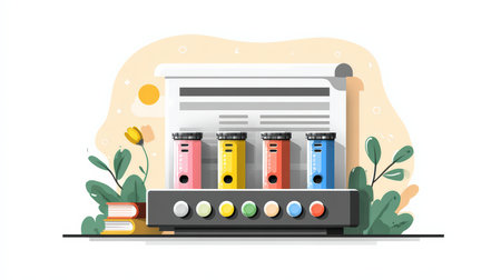 This vibrant illustration showcases colorful laboratory equipment featuring test tubes and paperwork, set against a bright backdrop with plants and books. Perfect for science-themed projects.の素材