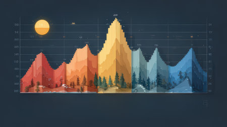 This digital artwork features an abstract mountain landscape with seasonal colors, showcasing data visualization in a unique and artistic way. Perfect for creative projects.の素材