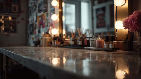 A beautifully styled vanity featuring an array of beauty products under soft lighting. The elegant arrangement creates a warm and inviting atmosphere perfect for makeup or skincare routines.の素材