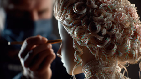 A close-up view of a doll being adorned with makeup, highlighting the delicate curls and intricate details. This artistic endeavor showcases beauty and craftsmanship.の素材