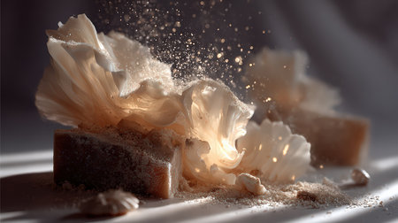 A captivating still life scene featuring elegant soap blocks and delicate flower petals, enhanced by soft lighting that emphasizes texture and beauty.の素材