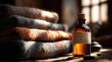 A serene setup featuring a scented bottle beside neatly folded soft fabrics, creating a warm and inviting atmosphere perfect for relaxation and wellness.の素材