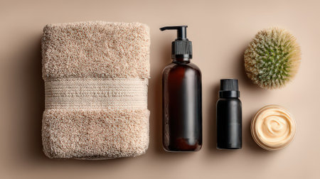 Explore the serene arrangement of spa essentials including towels and skincare products, designed to enhance relaxation and self-care routines. Perfect for wellness and beauty themes.の素材
