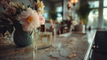 A beautifully arranged perfume bottle captures elegance on a marble table with vibrant flowers in the background, creating a luxurious and calming atmosphere.の素材