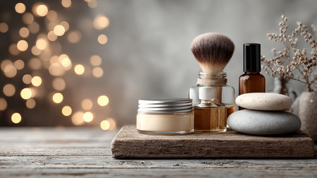A serene spa setup featuring grooming products like lotion, essential oils, and a shaving brush. The soft bokeh background enhances the tranquil atmosphere.の素材