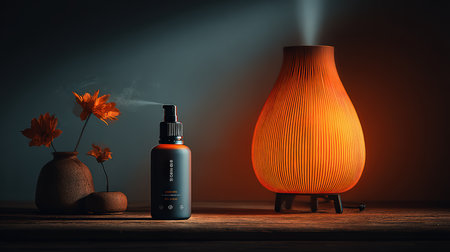 A serene display featuring an essential oil bottle next to a softly glowing decorative lamp. This composition evokes tranquility and wellness in a cozy setting.の素材