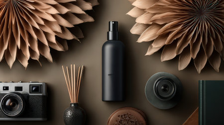 This minimalist still life features a sleek spray bottle surrounded by decorative elements like paper fans and vintage cameras, creating a serene atmosphere.の素材