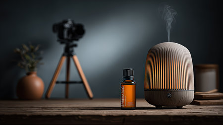 A serene aromatherapy diffuser emits steam alongside an essential oil bottle, creating a cozy atmosphere, perfect for relaxation and wellness photography.の素材