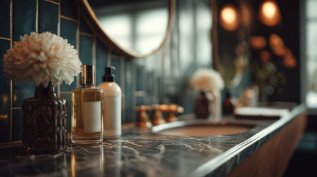 A beautifully styled bathroom countertop featuring elegant perfumes and fresh flowers. Inviting atmosphere perfect for relaxation and self-care routines.の素材