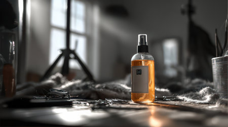 A glass spray bottle filled with orange liquid sits on a worn wooden surface, illuminated by natural light. The artistic workspace features various tools creating a calm atmosphere.の素材