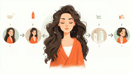 This illustrated image portrays a step-by-step hair care routine, highlighting a woman's journey to achieving healthy, beautiful hair. Ideal for beauty and wellness content.の素材