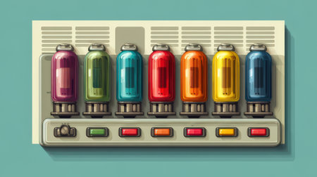 This illustration features a vintage control panel with colorful tubes and various buttons. The retro design evokes a sense of nostalgia and whimsy, perfect for technology-themed projects.の素材