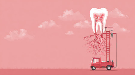 This unique illustration depicts a large tooth with intricate roots being serviced by dental equipment, set against a soft pink backdrop.の素材