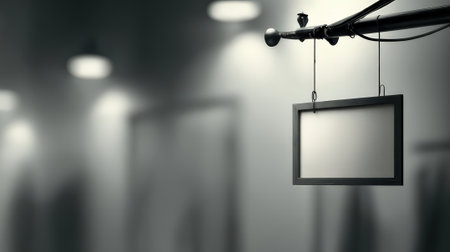 A minimalist empty sign frame suspended in a softly lit industrial environment. Ideal for showcasing branding or creative concepts in advertising.の素材