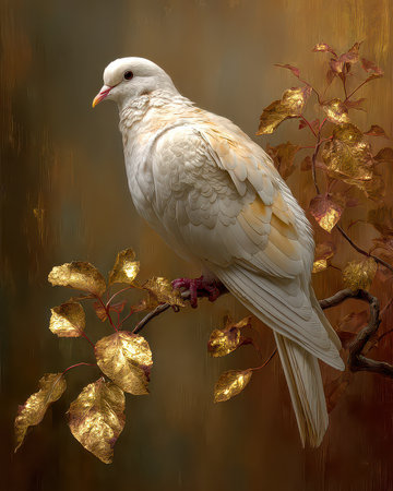 A stunning white bird elegantly perched on a branch adorned with golden leaves, embodying beauty and tranquility in a serene natural setting.の素材