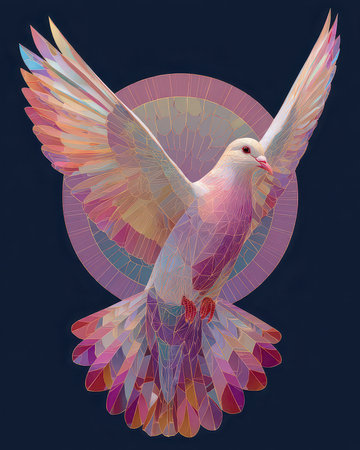 A stunning abstract illustration of a colorful dove in flight, featuring vibrant geometric patterns and soft hues, symbolizing peace and serenity through art.の素材