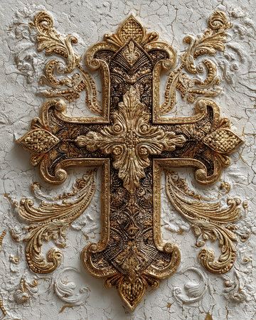 This ornate decorative cross features intricate gold leaf patterns and textured details, perfect for enhancing any interior space with rich artistry and elegance.の素材