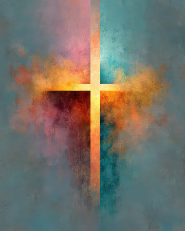 This vibrant abstract artwork features a glowing cross, symbolizing hope and faith, against a soothing and colorful backdrop. Ideal for spiritual themes.の素材