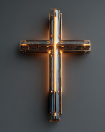 This striking illuminated cross features modern design and warm light, emphasizing spirituality and elegance. It serves as a beautifully artistic religious symbol.の素材