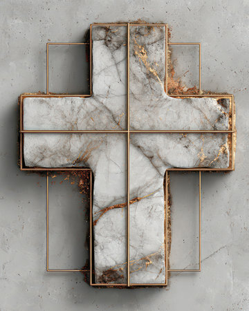 This elegant marble cross design features gold accents and a concrete background, perfect for expressing faith and spirituality in modern decor settings.の素材