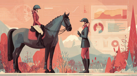 Two women interact with a horse against a vibrant landscape, merging nature and technology with data visuals, showcasing teamwork and a love for equestrian sports.の素材