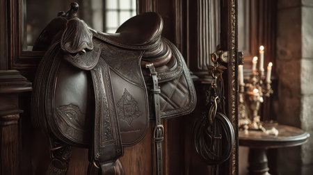 This image features an elegant leather saddle displayed in a vintage themed room. The warm candlelight and intricate detailing enhance the ambiance, showcasing craftsmanship.の素材