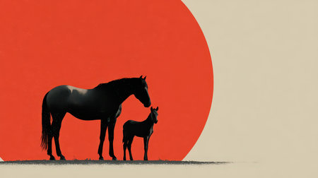 This striking image captures a silhouette of a horse and foal against a bold red circle, evoking a sense of tranquility and connection in nature.の素材