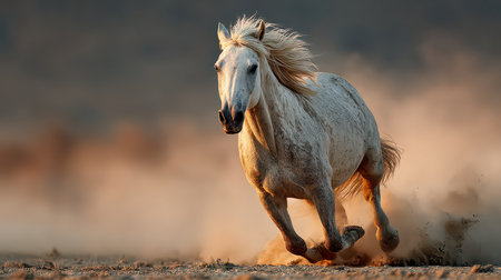 A stunning white horse gallops through a dusty landscape at sunset, embodying freedom and elegance in motion. The play of dust and light enhances its majestic presence.の素材