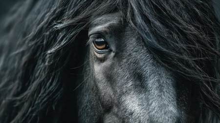 This striking close-up features a majestic black horse with a flowing mane and an intense, expressive eye, capturing the beauty and grace of nature's creatures.の素材