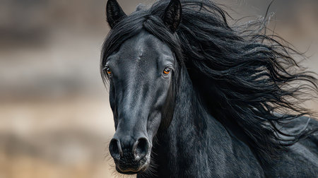A stunning close-up of a black horse showcasing its flowing mane and expressive eyes. The portrait captures the beauty, strength, and grace of this majestic animal in a serene outdoor setting.の素材
