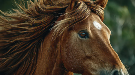 A stunning close-up of a brown horse showcasing its flowing mane and expressive eye. The natural setting enhances the horse's beauty and grace.の素材