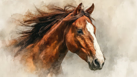 This stunning portrait of a brown horse showcases its elegance and beauty in a soft watercolor style. The artwork captures the horse's majestic presence and flowing mane, evoking a sense of tranquility and strength in nature.の素材