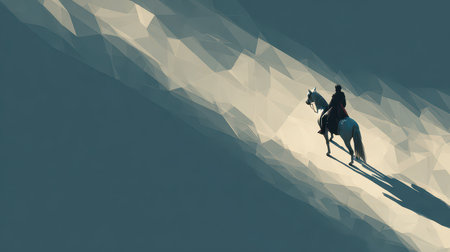 A lone rider on a horse traverses an abstract landscape made of geometric shapes, casting a long shadow in the soft light, evoking feelings of freedom and adventure.の素材